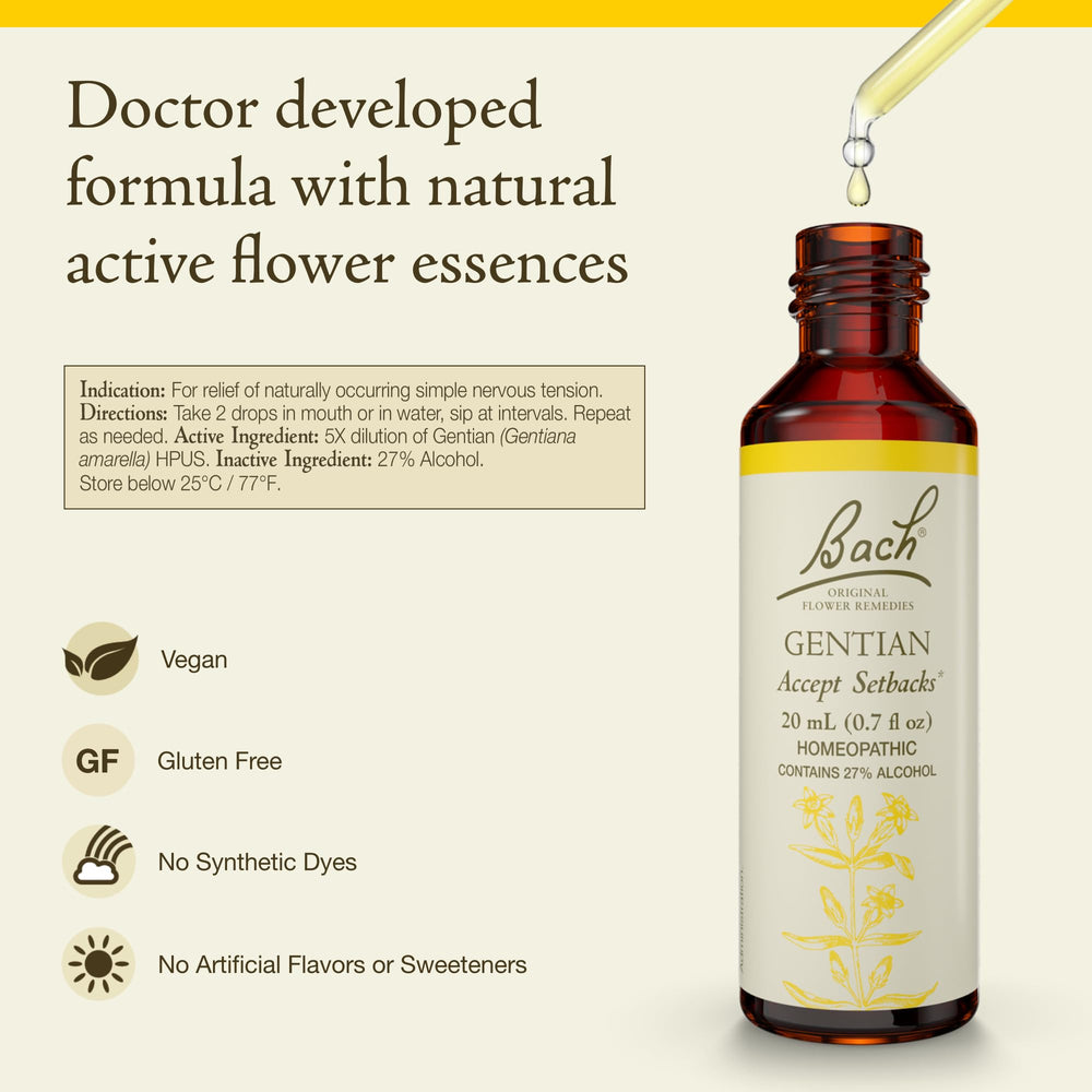 Close-up of Gentian Bach Flower Remedy bottle