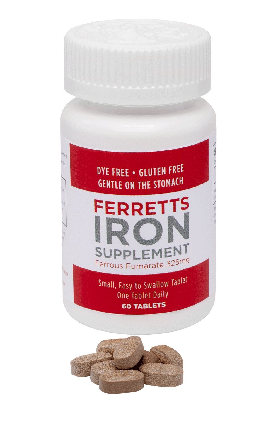 Packaging emphasizing gentle digestion and stomach-friendly iron tablets