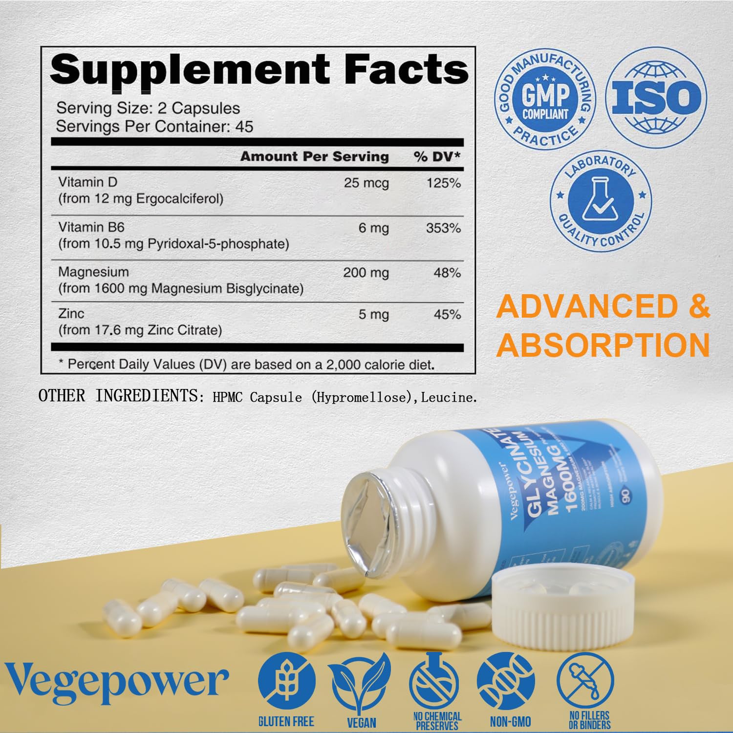 Small, easy-to-swallow magnesium glycinate capsules gentle on stomach