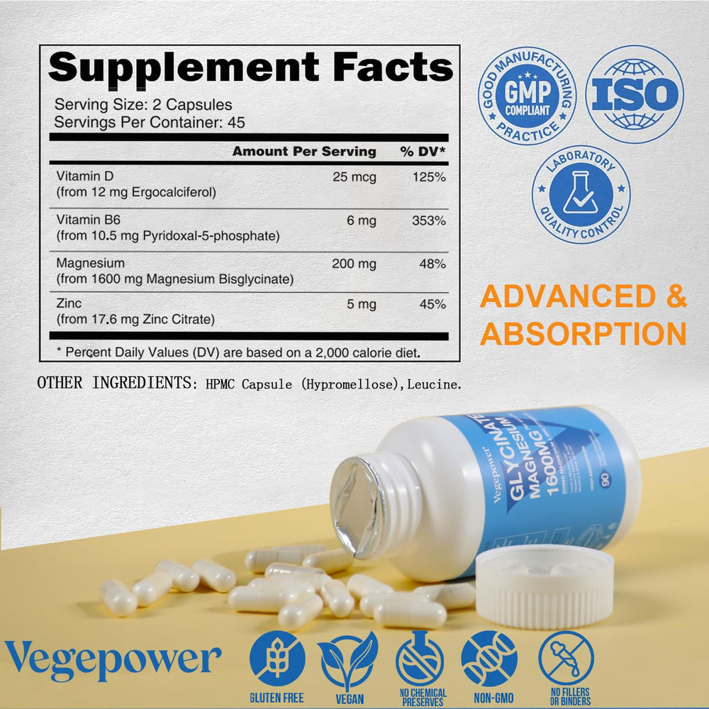 Small, easy-to-swallow magnesium glycinate capsules gentle on stomach