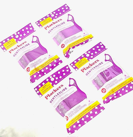 Packaging showing 4 packs of Gentleslide dental flossers (35 picks each)