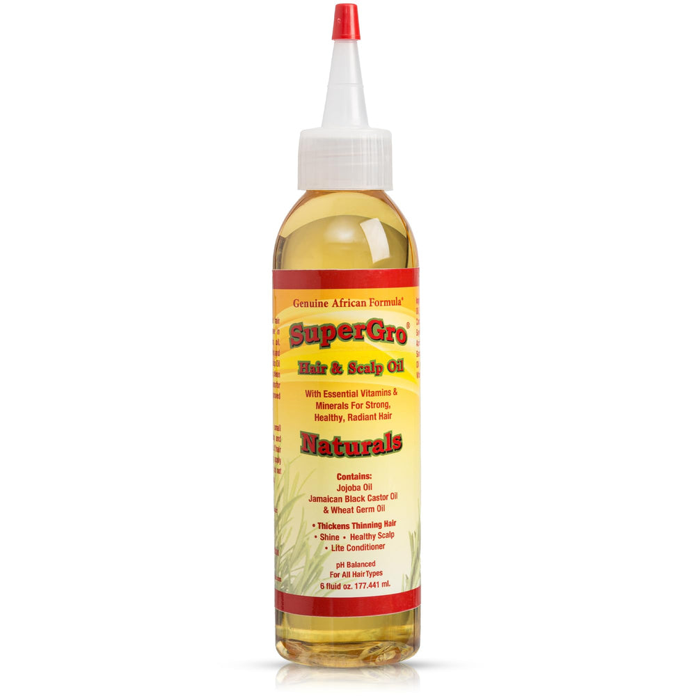 Genuine African Formula SuperGro oil bottle provides scalp moisture