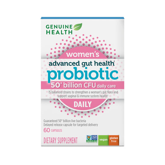 Front view of Genuine Health Women's Daily Probiotic bottle