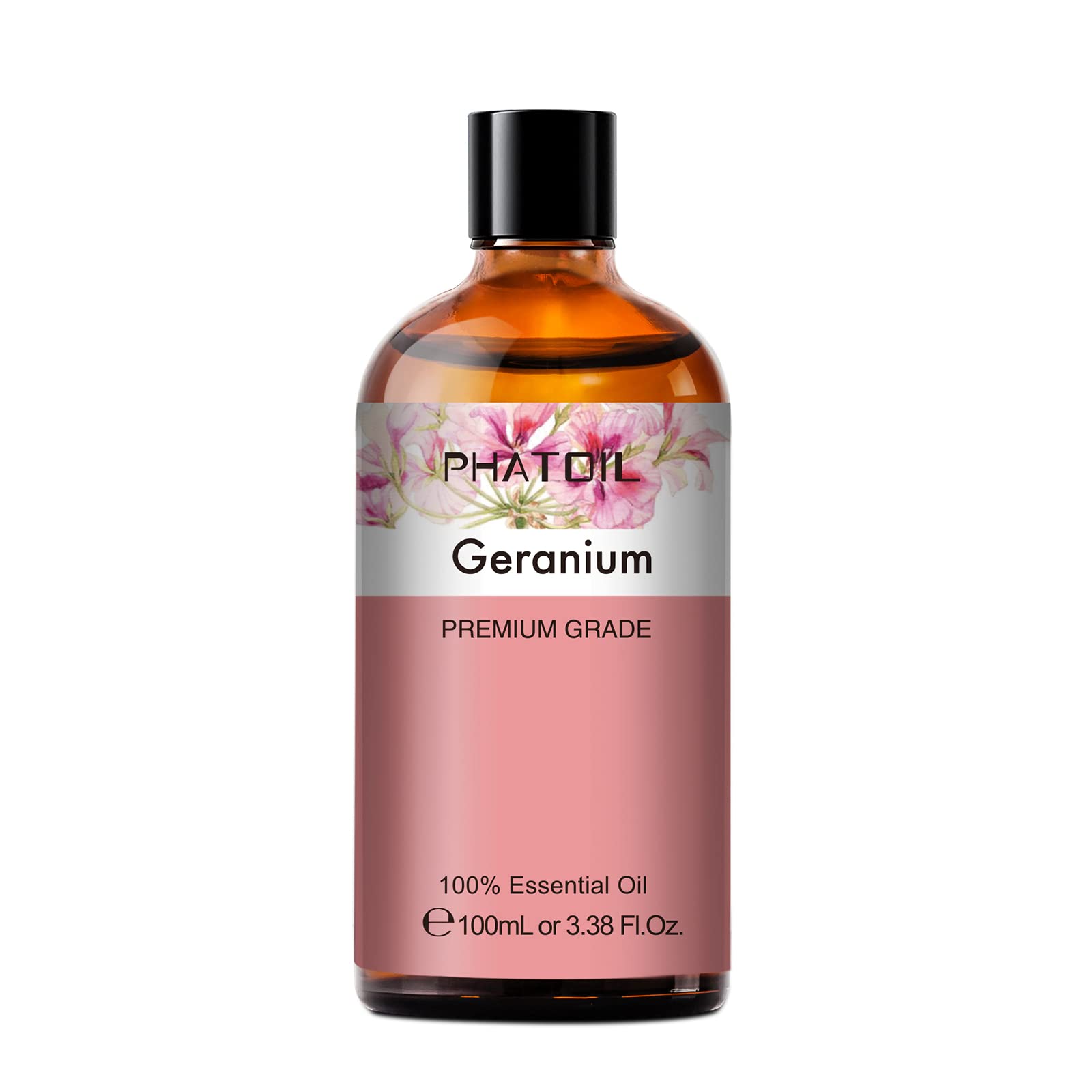 Geranium essential oil bottle with amber glass and dropper