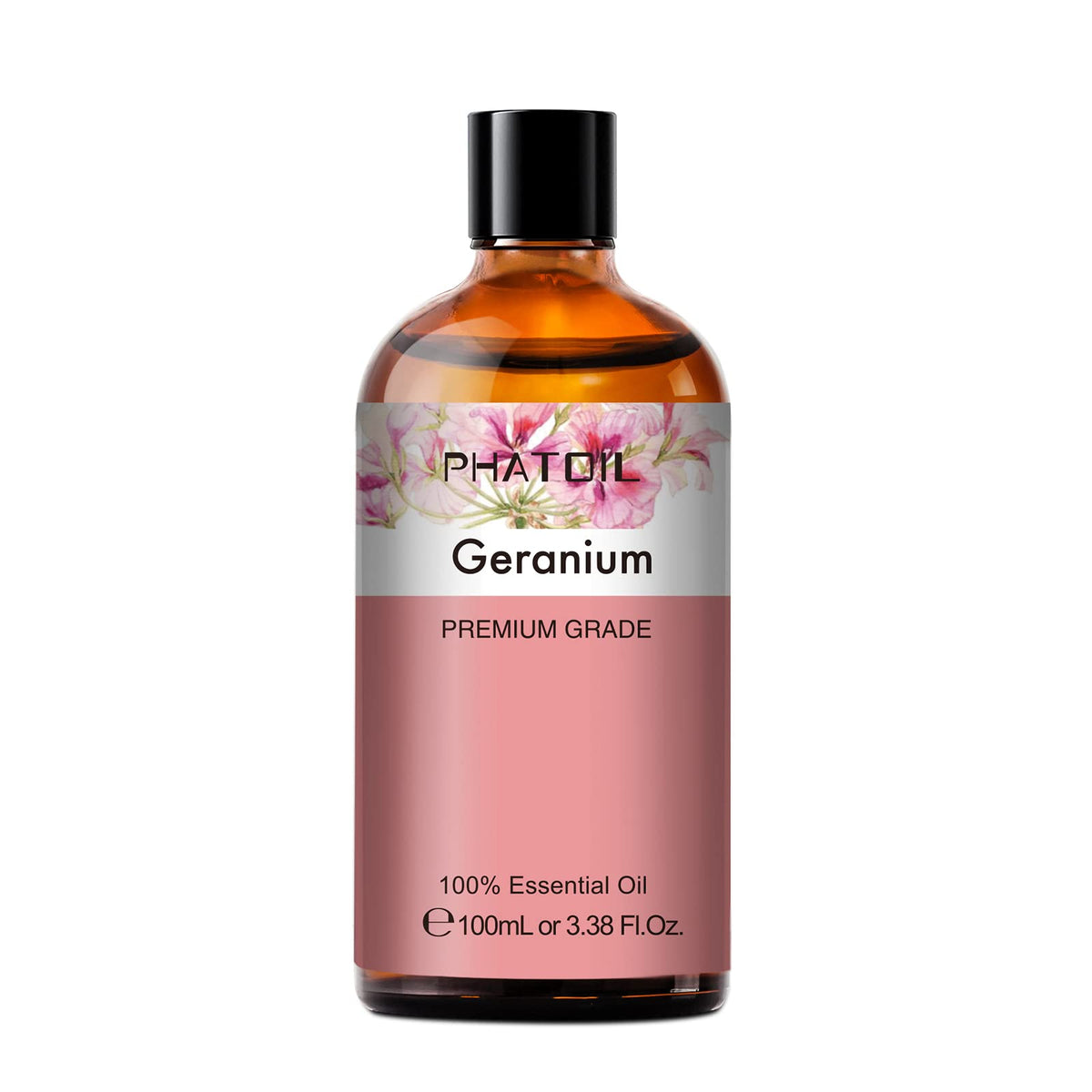 Geranium essential oil bottle with amber glass and dropper