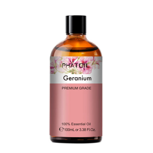 Geranium essential oil bottle with amber glass and dropper