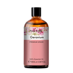 Geranium essential oil bottle with amber glass and dropper