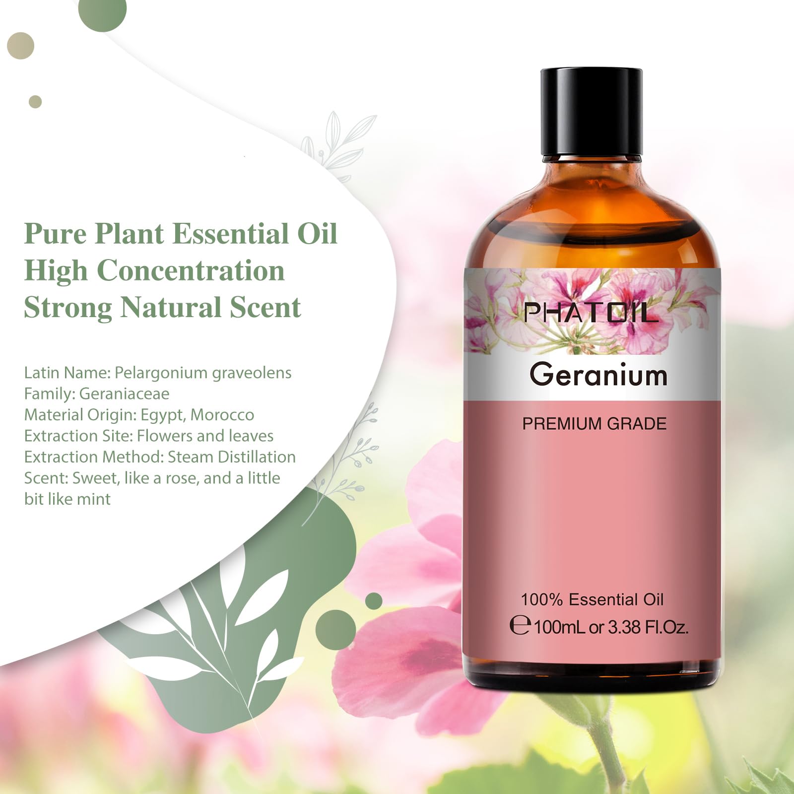 Geranium essential oil bottle close-up in amber glass