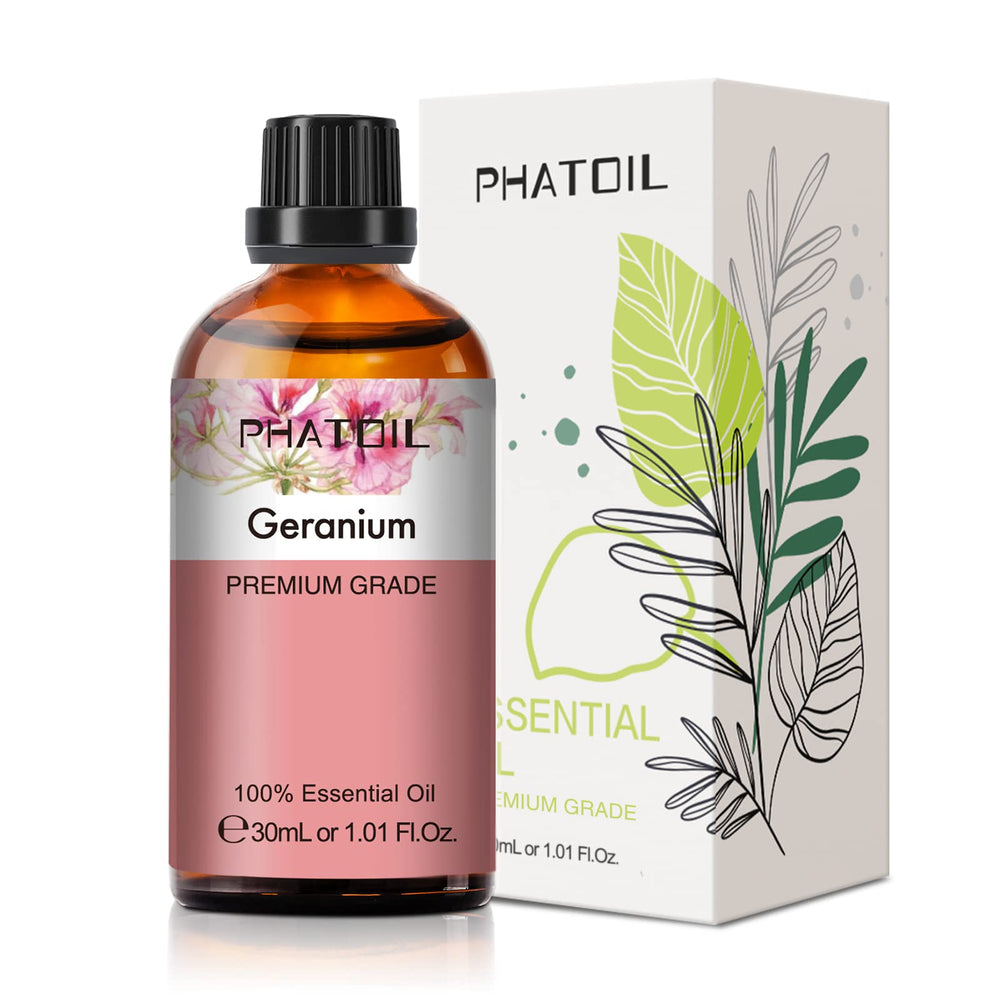 30ml amber bottle of geranium essential oil with built-in dropper