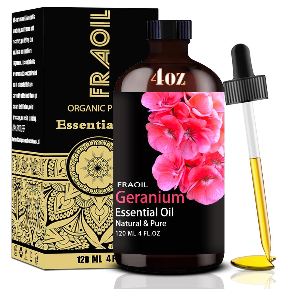 Amber glass bottle of geranium essential oil with dropper