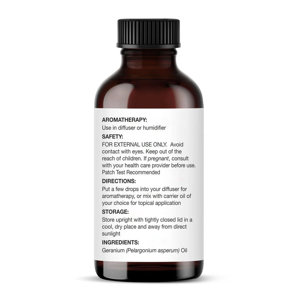 Label of Majestic Pure Geranium Essential Oil on amber bottle