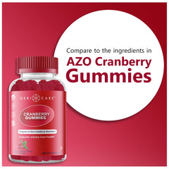 GeriCare Cranberry Gummies packaging highlighting vegan, gluten-free, non-GMO, gelatin-free