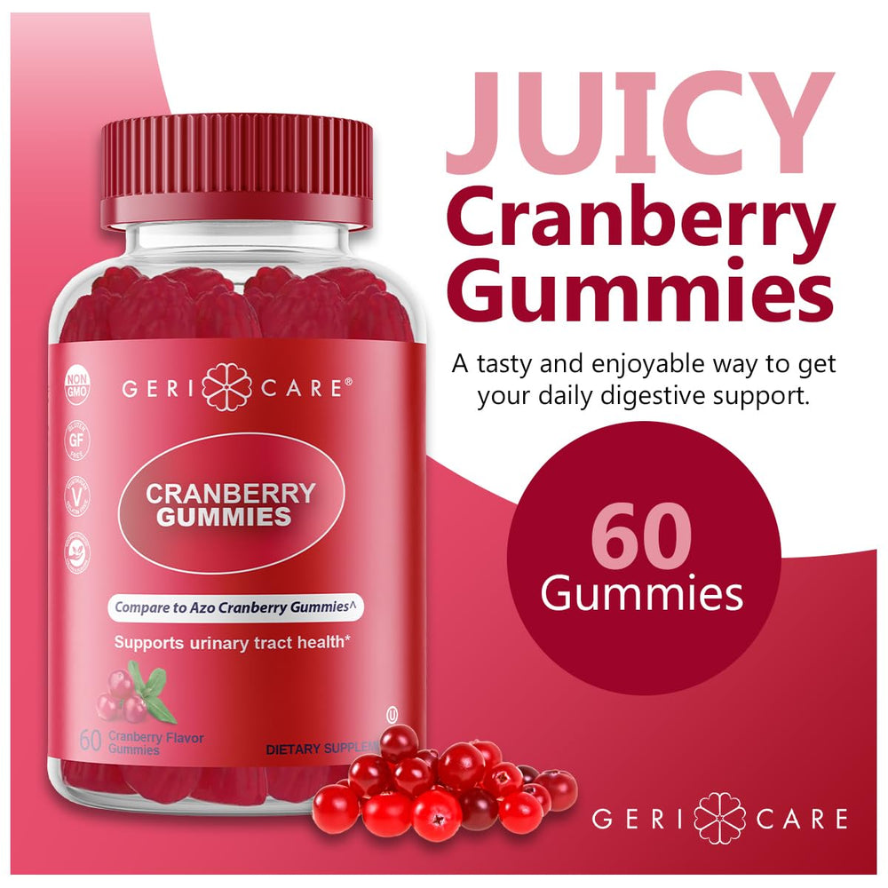 GeriCare Cranberry Gummies with vegan, gluten-free, non-GMO indicators