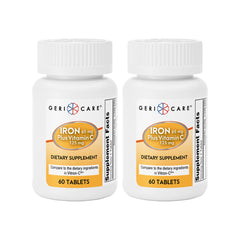GeriCare Iron 65mg and Vitamin C 125mg bottle showing 60-count 2-pack