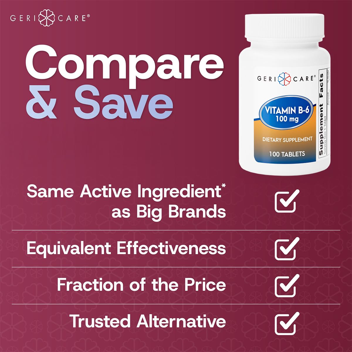 GeriCare Vitamin B-6 100 mg bottle on packaging