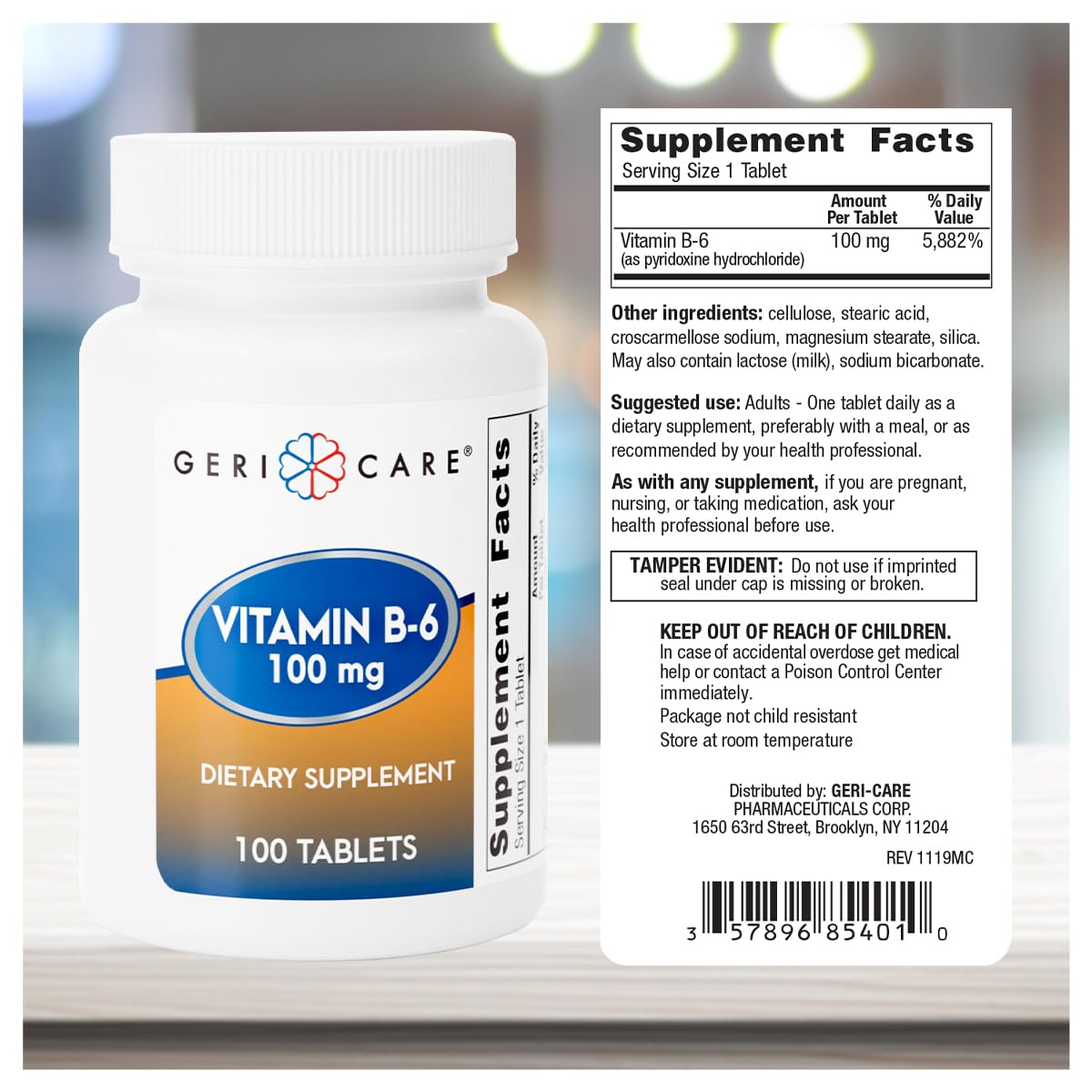 Full packaging image of GeriCare Vitamin B-6 100 mg tablets