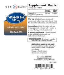 Supplement facts for Vitamin B-6 100 mg per tablet