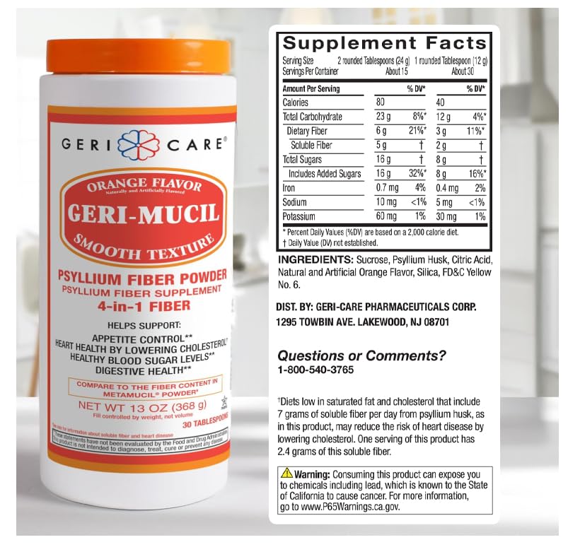 Close-up of 4-in-1 benefits text on packaging for Geri-Mucil