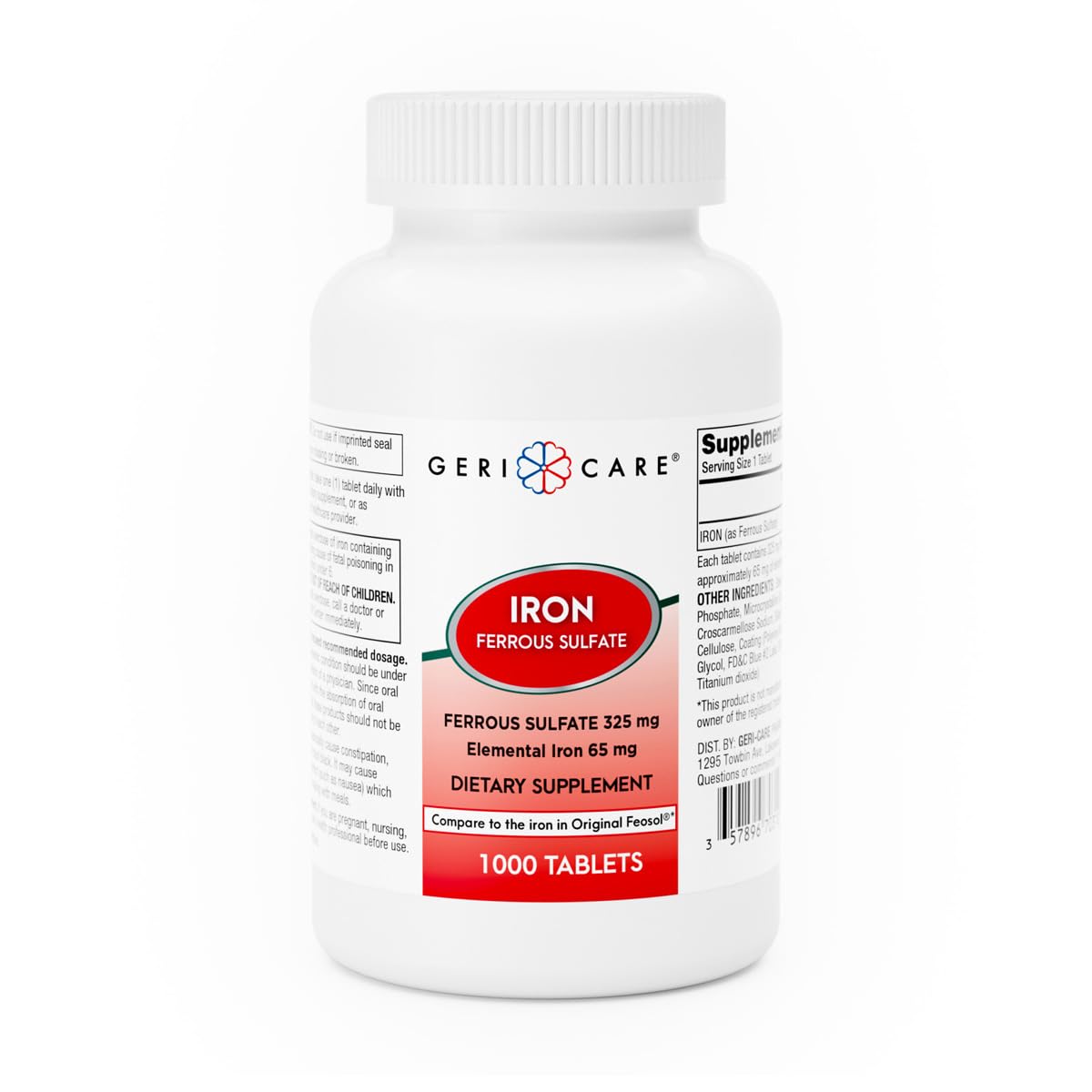 GeriCare Ferrous Sulfate 325mg iron tablet bottle - 1000 count