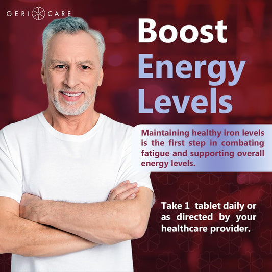 Close-up of GeriCare ferrous sulfate iron tablet - 325mg