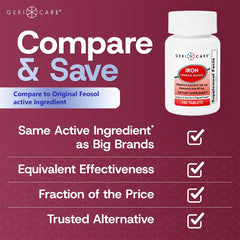 Close-up of GeriCare ferrous sulfate 325mg tablets