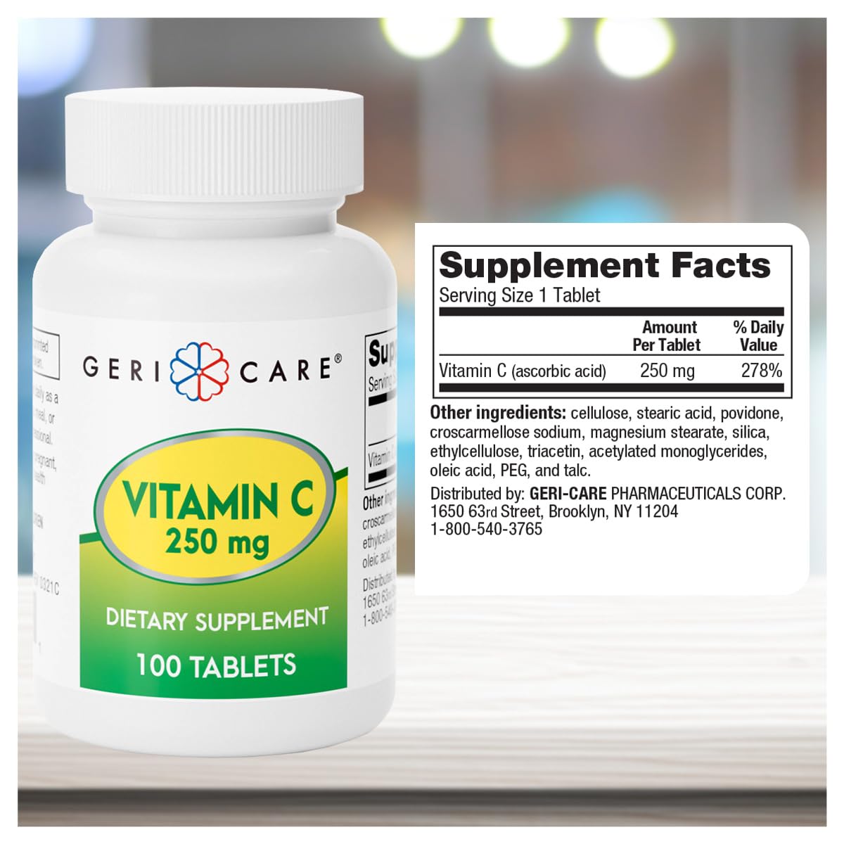 GeriCare Vitamin C 250mg bottle label details