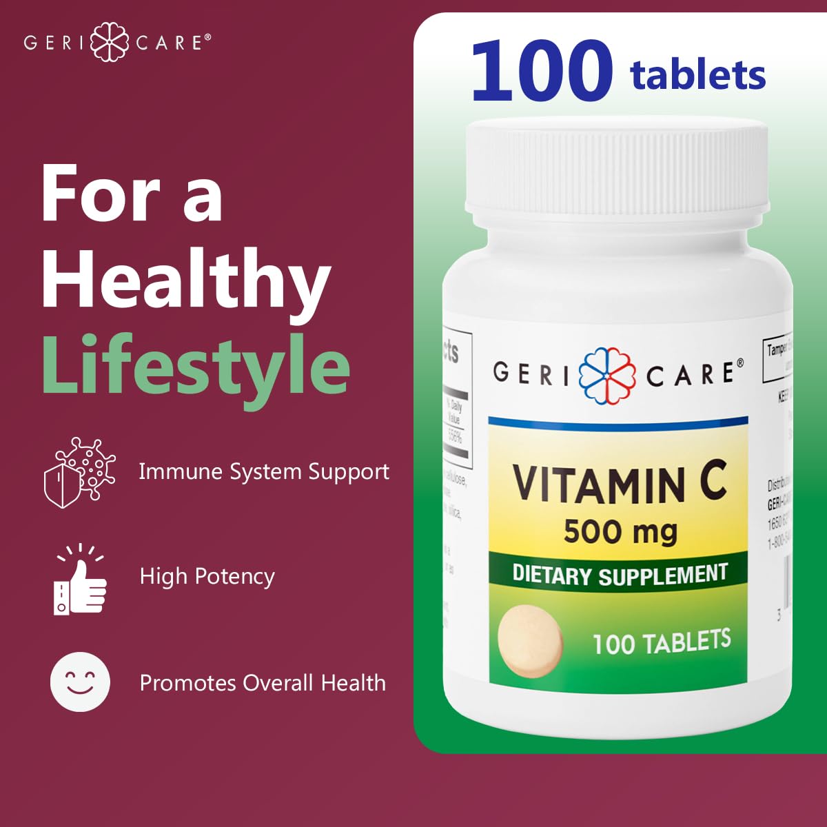 Close-up of GeriCare Vitamin C 500 mg tablets