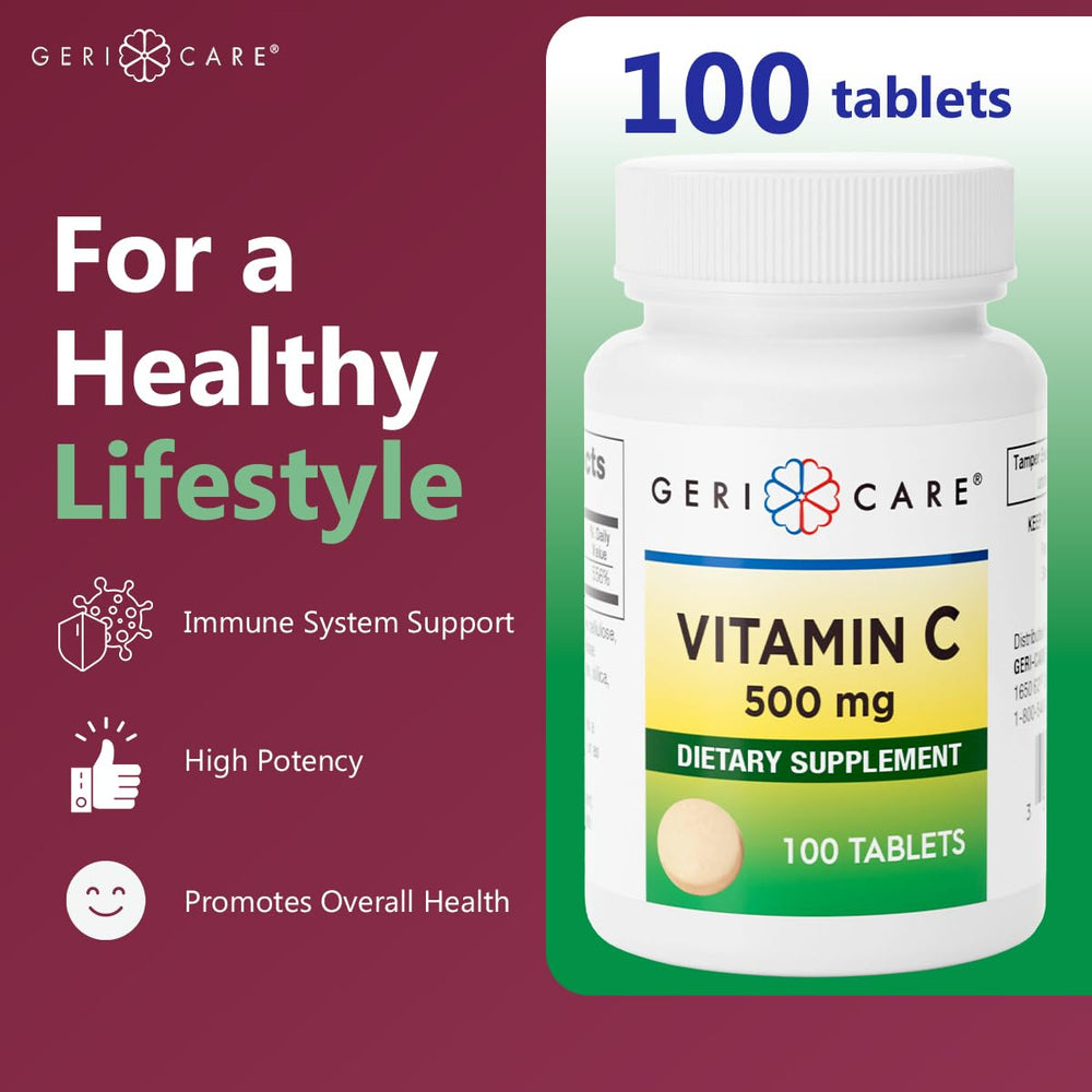 Close-up of GeriCare Vitamin C 500 mg tablets