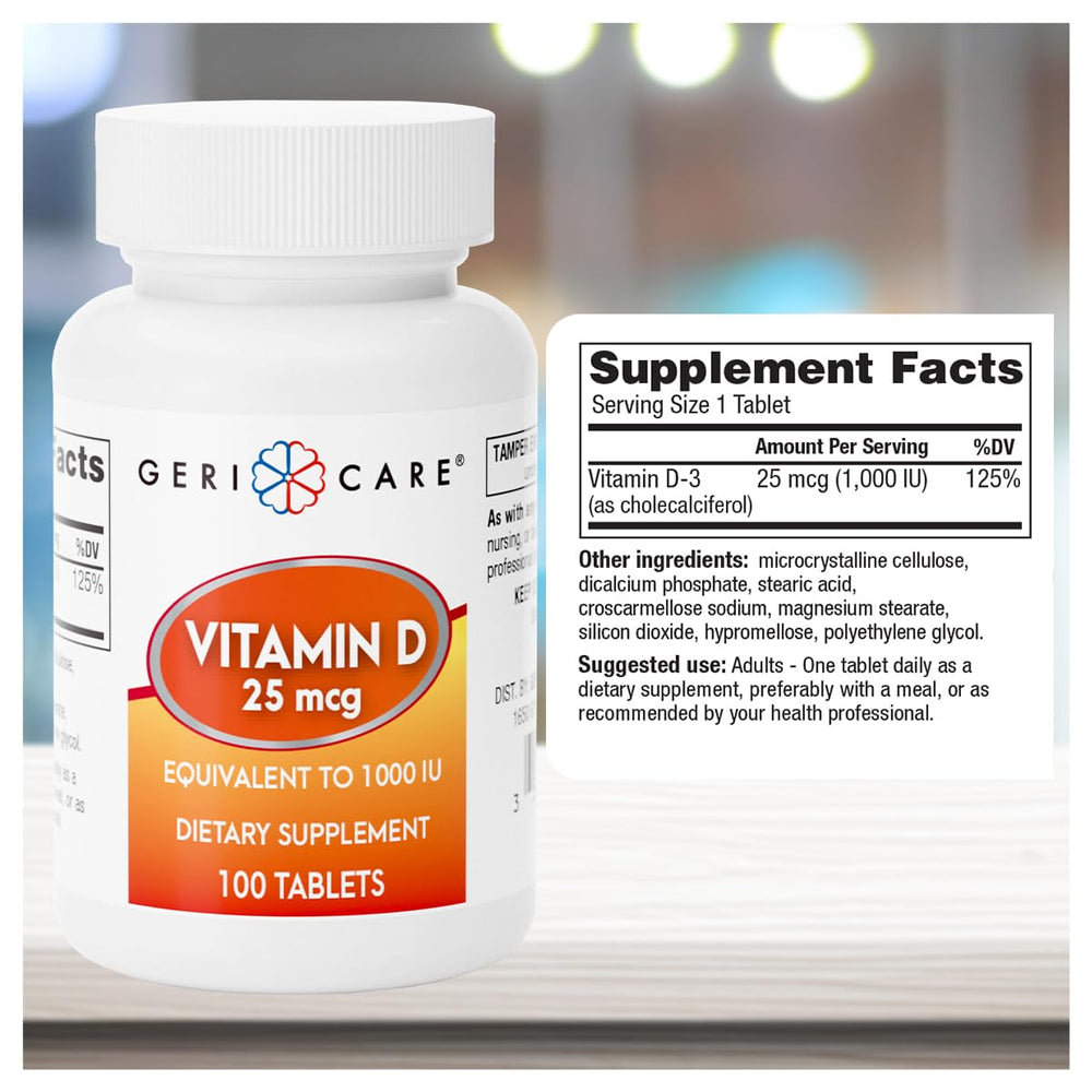 Close-up of GeriCare Vitamin D 25mcg bottle and tablet cap