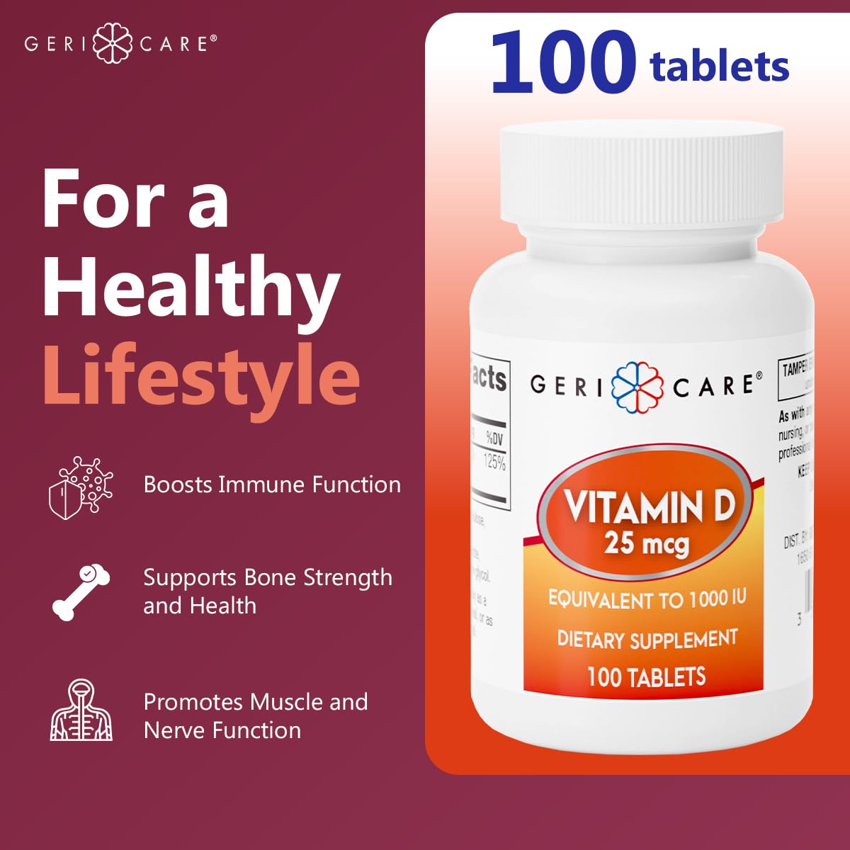 Dosage and supplement facts for GeriCare Vitamin D 25mcg tablets