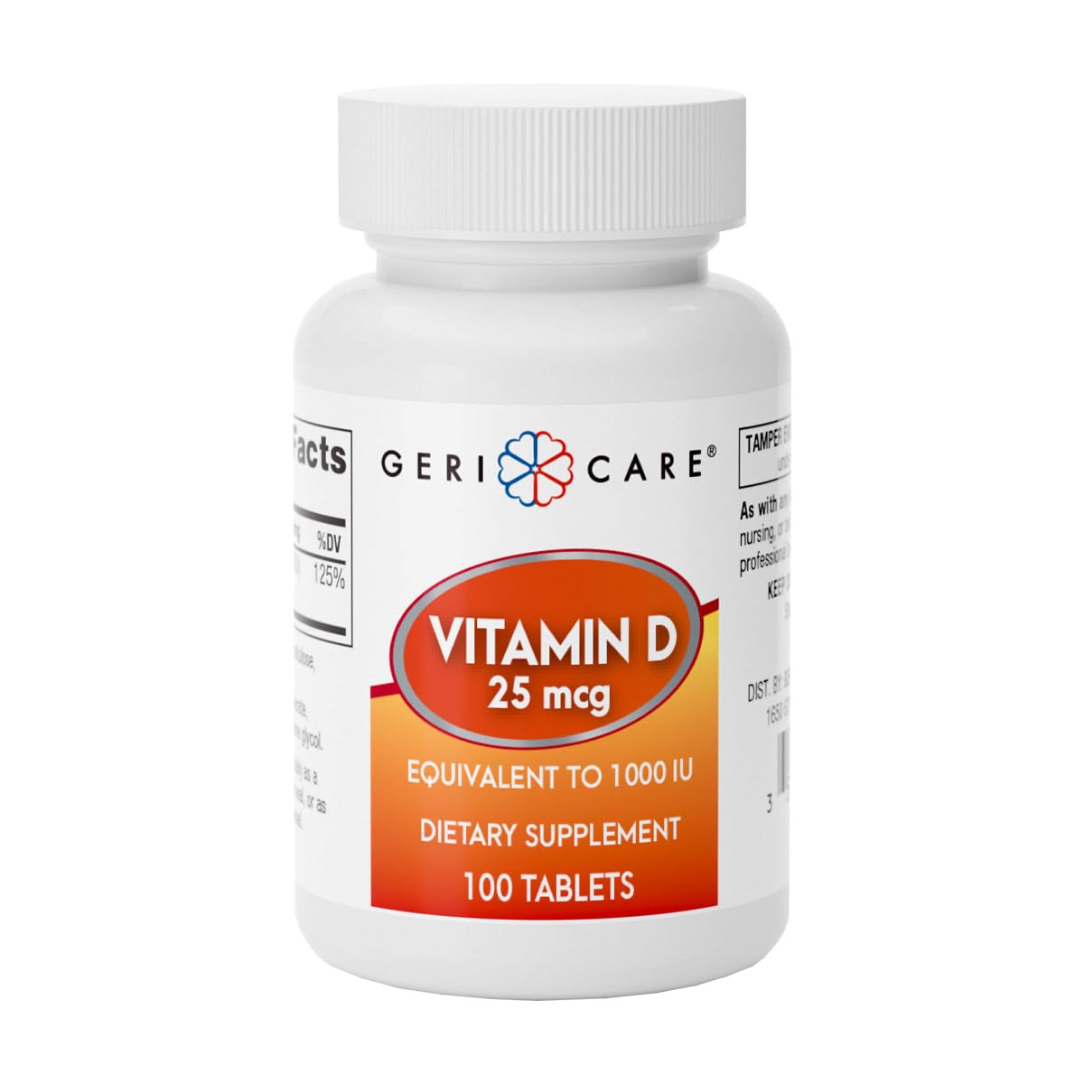 Front view of GeriCare Vitamin D 25mcg tablets bottle