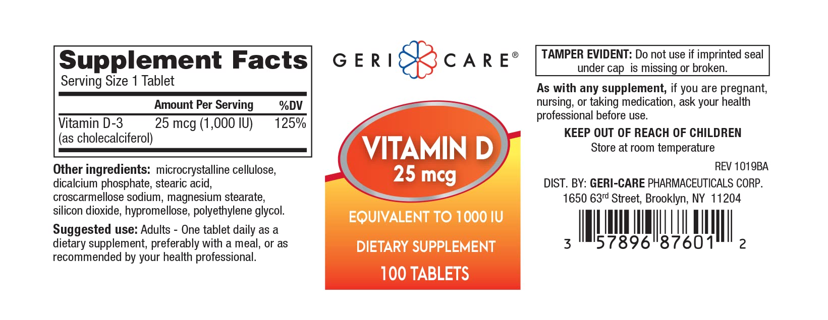 GeriCare Vitamin D 25mcg tablets packaging and bottle