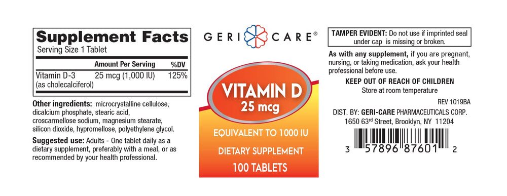 GeriCare Vitamin D 25mcg tablets packaging and bottle