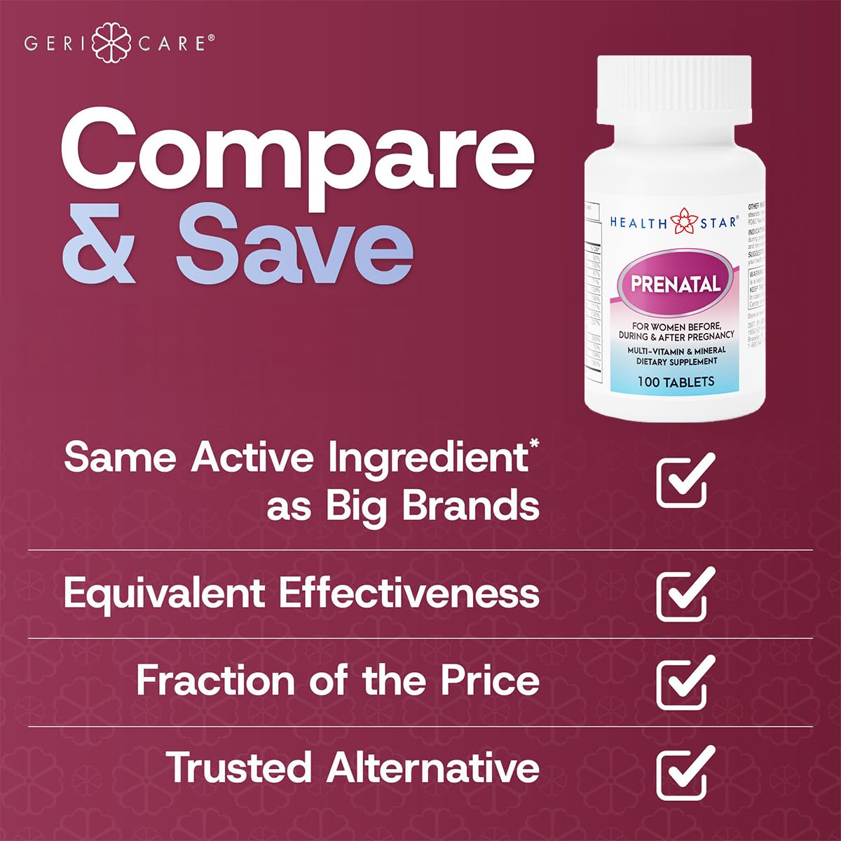 Close-up of GeriCare prenatal vitamin tablets