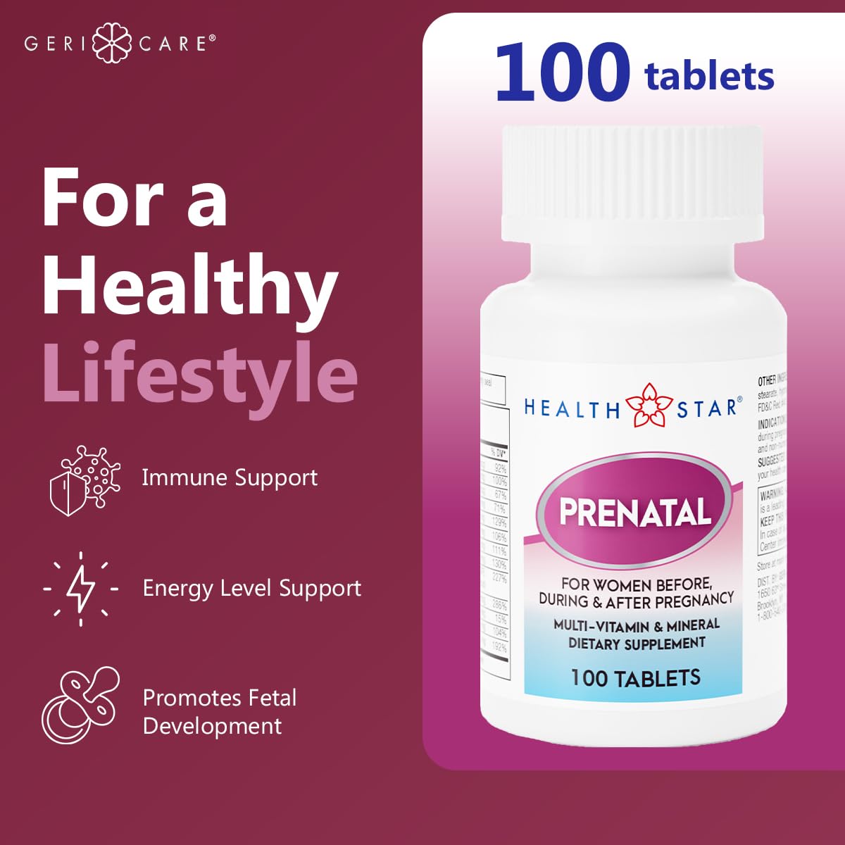 Nutrition label on GeriCare Prenatal Multivitamins bottle