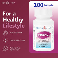 Nutrition label on GeriCare Prenatal Multivitamins bottle