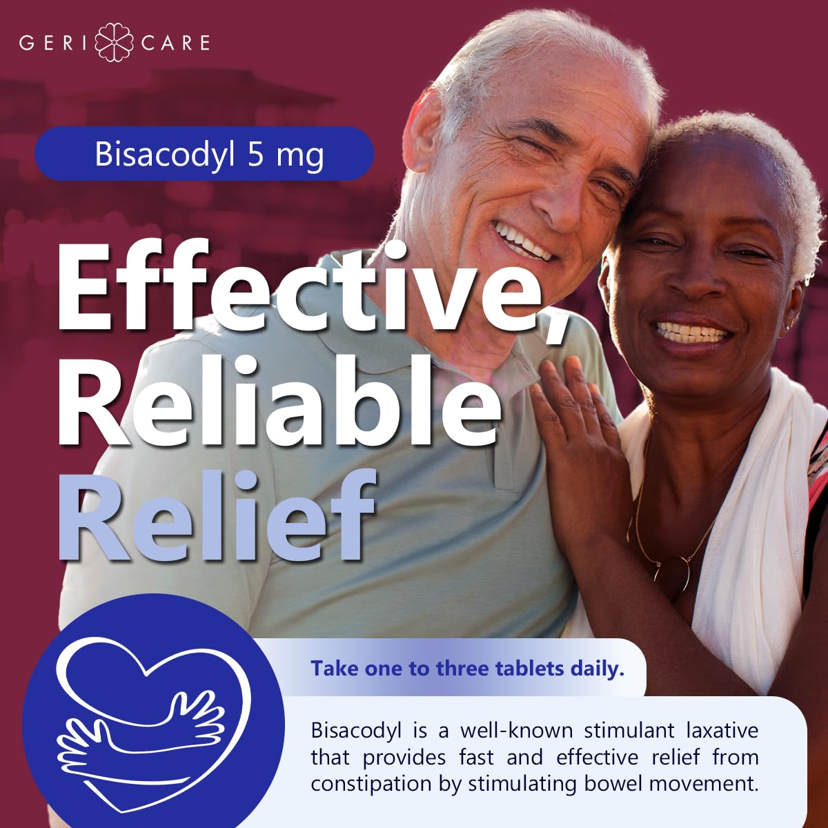 GeriCare Bisacodyl bottle label close-up with clear dosing information