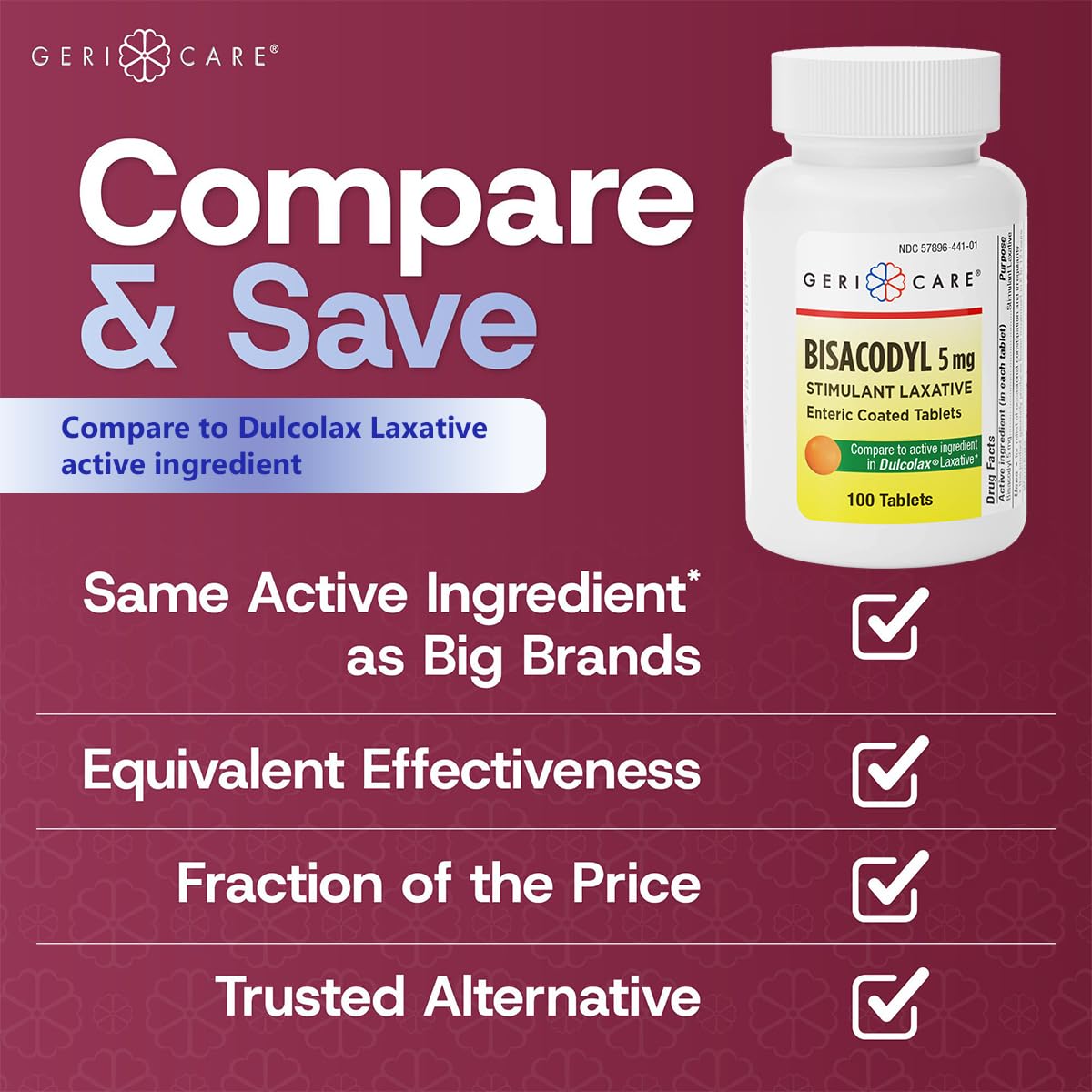 GeriCare Bisacodyl packaging bulk image emphasizes two 100-count bottles ready for use
