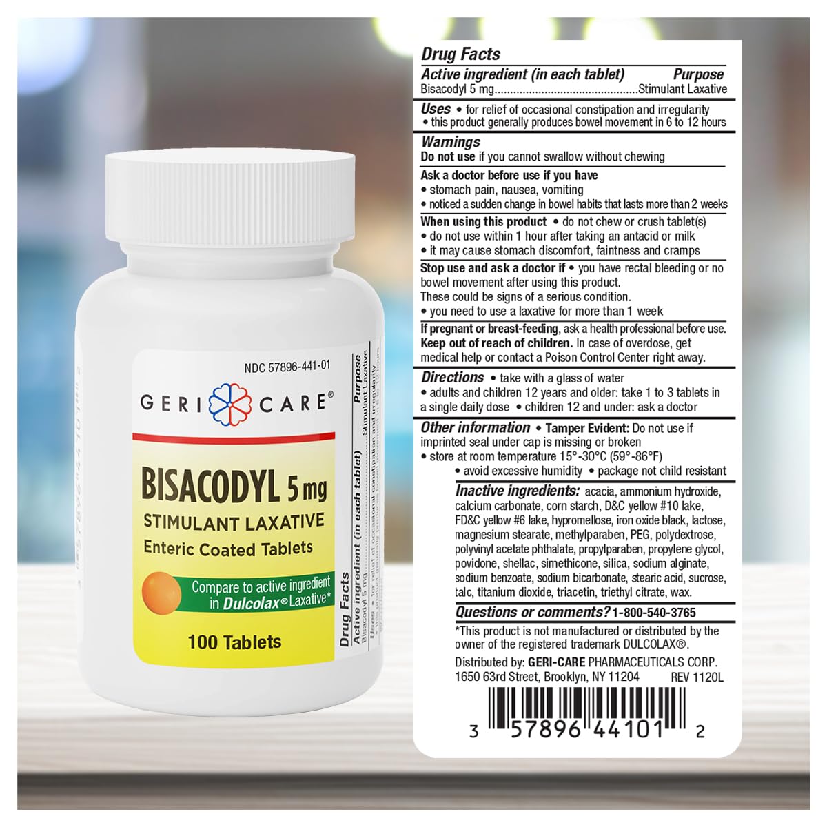 GeriCare Bisacodyl tablet close-up shows a convenient gentle design for relief