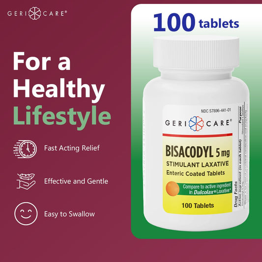GeriCare Bisacodyl tablet easy swallow close-up highlights smooth coating for easy intake