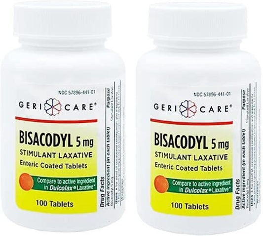 GeriCare Bisacodyl tablets bulk pack image shows a long-lasting supply for regular relief