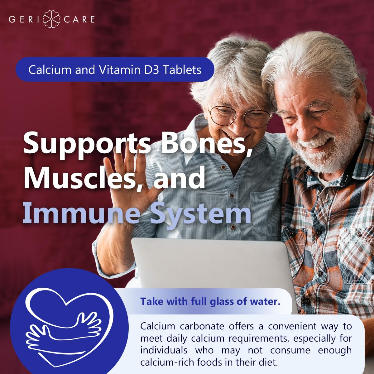 Bottle of GeriCare calcium and vitamin D3 tablets