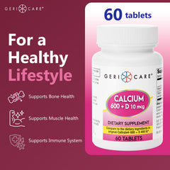 Label and supplement facts for GeriCare Calcium 600mg with Vitamin D3