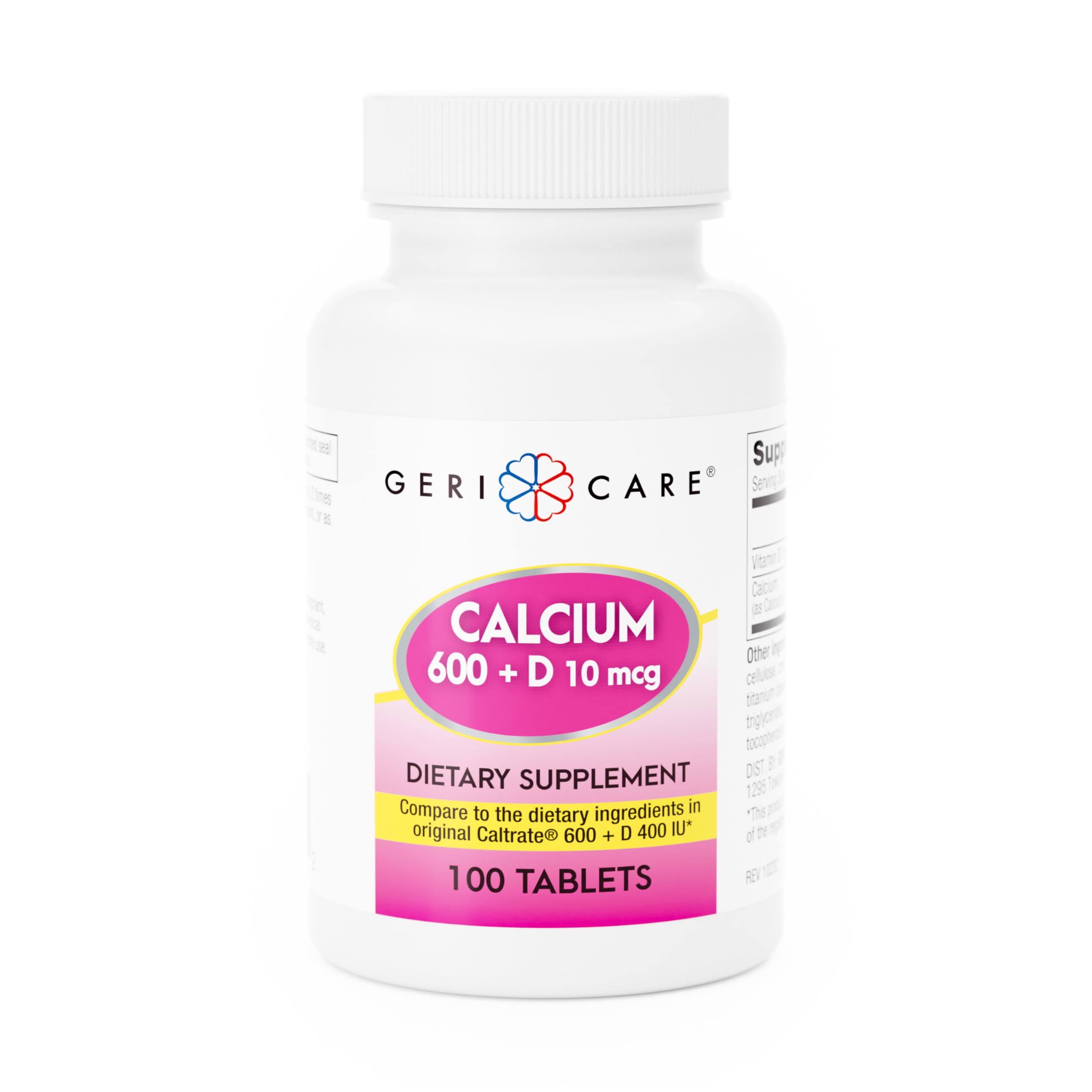Front view of GeriCare Calcium 600mg + Vitamin D 400IU bottle