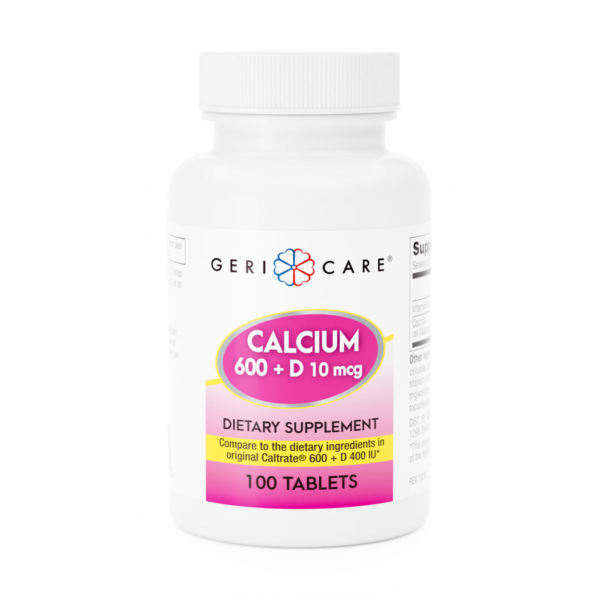 Front view of GeriCare Calcium 600mg + Vitamin D 400IU bottle