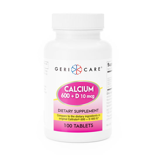 Front view of GeriCare Calcium 600mg + Vitamin D 400IU bottle