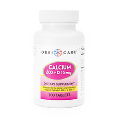 Front view of GeriCare Calcium 600mg + Vitamin D 400IU bottle