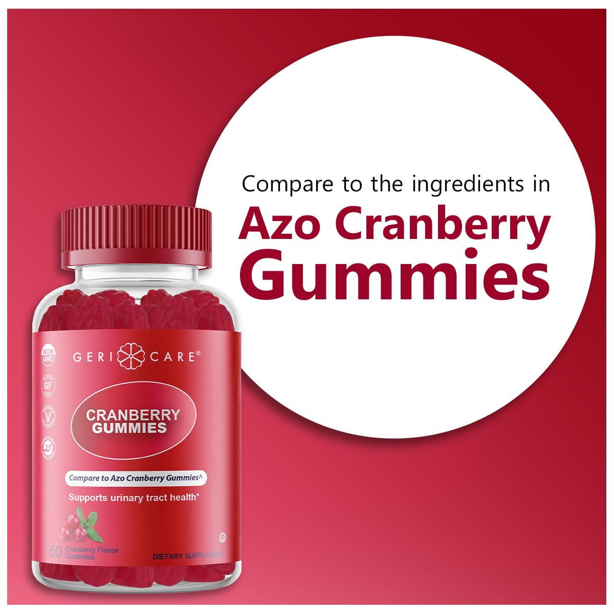 GeriCare Cranberry Gummies box showing Non-GMO and vegan labels