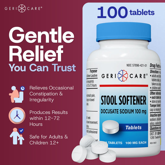 Close-up of GeriCare 100mg tablets emphasizing crushable, fast-acting relief.