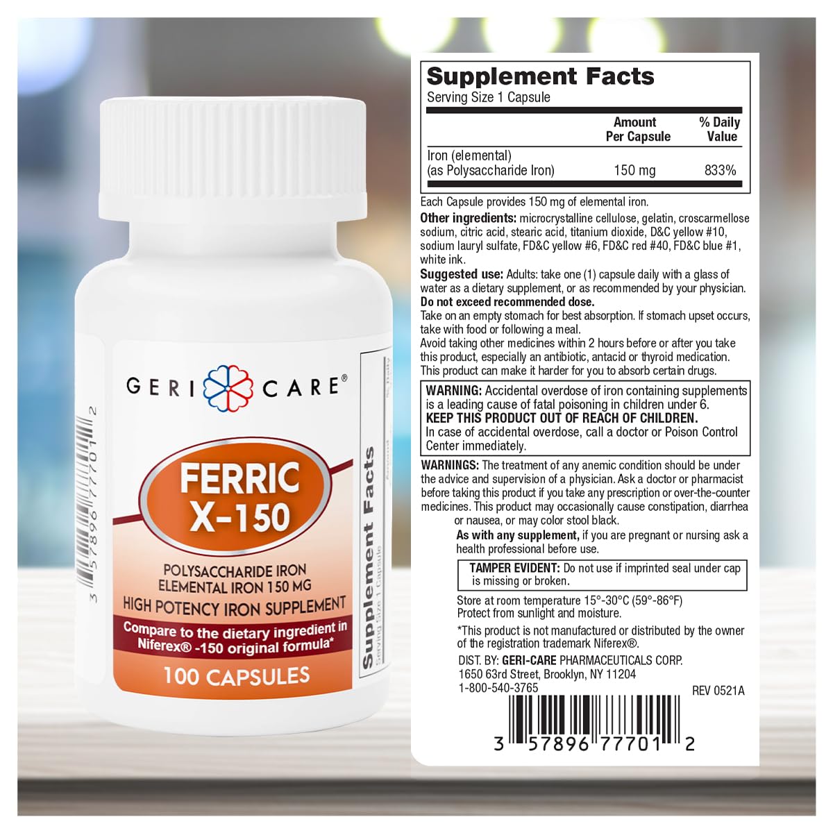 Lifestyle image with iron supplement bottle and glass of water